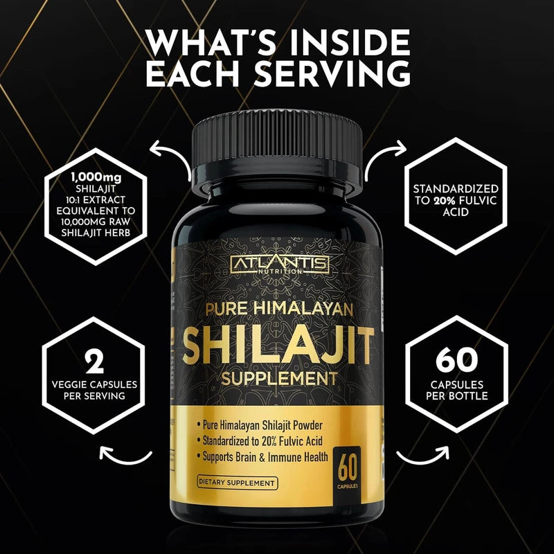 Shilajit Supplement Capsules, 10,000mg Equivalent per Serving, Made in The USA, Shilajit for Men & Women, 60 Capsules