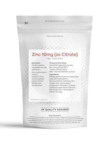 Just Vitamins Zinc (Citrate) 10mg x180 Tablets (6 Month Supply) UK Made