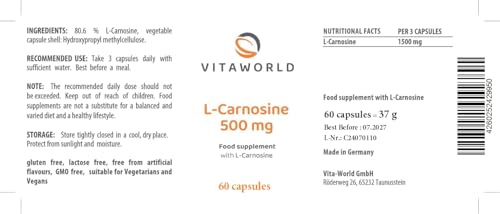 Vita World L-Carnosine 500mg 60 Capsules Made in Germany l Vegan l Highly-dosed l Amino Acid l 500 mg carnosine/Capsule