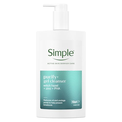 Simple Purify+ Gel Facial Cleanser with witch hazel + zinc + PHA reduces oil and unclogs pores to help prevent breakouts 240 ml
