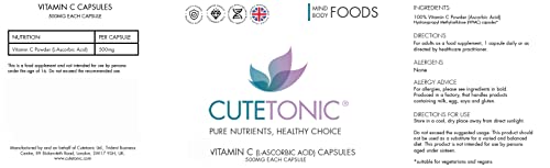 Cutetonic® Ultra Fine Vitamin C 500mg 60 Capsules (L-Ascorbic Acid) – Suitable for Vegetarians & Vegans
