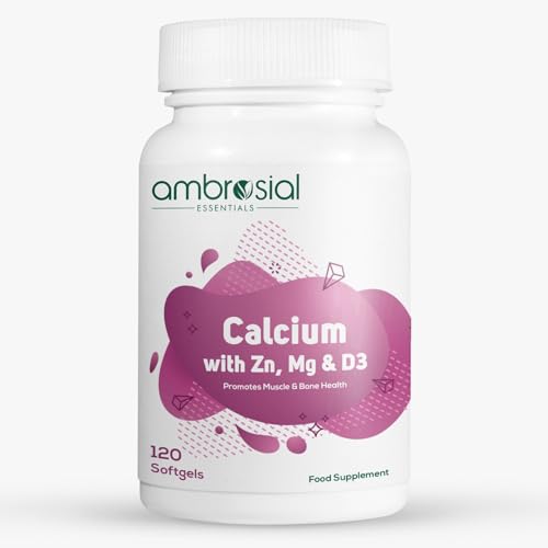 AMBROSIAL Ambrosial Calcium Magnesium Zinc & Vitamin D3| High Potency Calcium Supplement for Healthy Bones, Muscles & Teeth |Highly Bioavailable Calcium Citrate Formula Calcium Tablets (Pack of 1-120 Softgels)