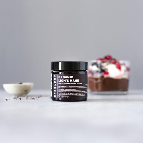 Erbology Organic Lion’s Mane Dual Extract Powder 30 Servings - 30% Beta-glucans and Erinacine A 1.6mg/g - Calm and Focus - Hericium Erinaceus - Sustainably Grown in Europe - Vegan - No Added Fillers