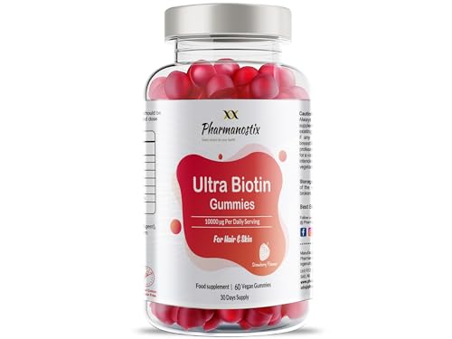 Pharmanostix Ultra Biotin 5000mcg Vegan Gummies - 10000mcg Per Daily Dose - for Hair, Skin and Nail Growth Support - 60 Natural Strawberry Flavour - 30 Days Supply - for Men and Women
