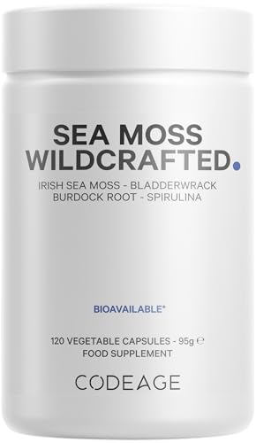Codeage Raw Wildcrafted Irish Sea Moss Supplement – with Bladderwrack, Burdock Root, Spirulina, BioPerine & Peppermint Oil – Vegan, Non-GMO – Superfood Mineral Complex – 120 Capsules