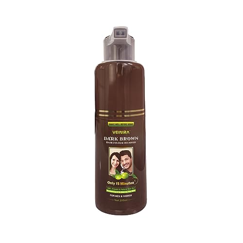 "VEINIRA Herbal Quick Hair Colour Shampoo: Effortless Instant Dye for Men and Women, 100% Natural Ingredients, No Ammonia, No Skin Stains, Speedy Application - 200ml (Dark brown)