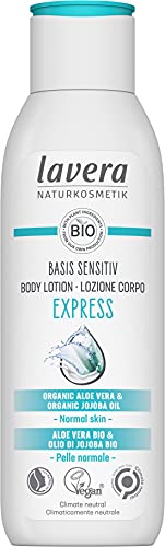 lavera basis sensitiv Body Lotion Express - Body Lotion - organic aloe vera & organic jojoba oil – deep moisture & long lasting care - 24h moisturizing care - natural cosmetics - vegan - organic (1 x 250 ml)