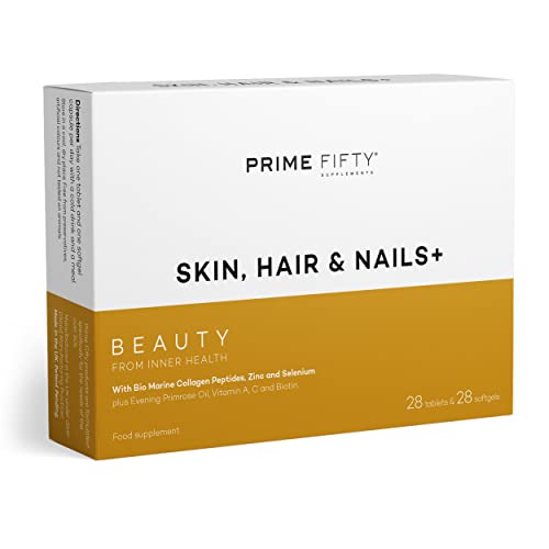 Prime Fifty Skin, Nails & Hair Vitamins – Bio Marine Collagen Supplements for Women with Biotin & Selenium – 28 Day Supply – Primrose Oil, Vitamin A & C – Beauty from Inner Health