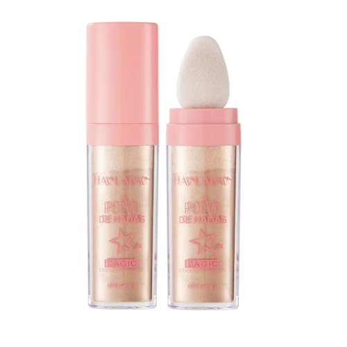 HISUNBEN Polvo De Hadas Fairy Highlighter Patting Powder Face Body Glitter Shimmer Brightens Blusher Waterproof Smooth Highlighter Festival Party Makeup(Golden)