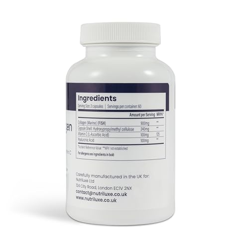nutriluxe Nutriluxe 900mg Marine Collagen with Vitamin C and Hyaluronic Acid Supplements - 120 Capsules of Hydrolysed Type 1 Marine Collagen for Skin - Natural Skin Hair and Nails Supplement