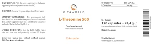 Vita World Vita world L-Threonine 500mg l 120 Capsules l Essential Amino Acid l Vegan l no aunwanted additives l Made in Germany