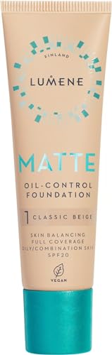 Lumene Matt Control Oil Free Foundation for Oily and Combination Skin Full Coverage with Arctic Cloudberry 30 ml / 1.0 Fl.Oz. (1 Classic Beige SPF20)