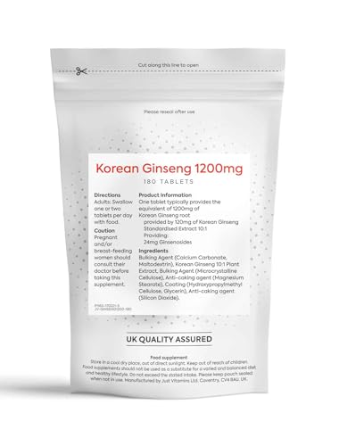 Just Vitamins Korean Ginseng (Panax Root Extract) 1200mg 180 Tablets