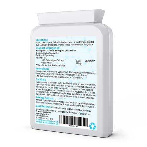 Folic Acid 600µg 90 Capsules as Quatrefolic Methyl Folate 5-MTHF Supplement - The 4th Generation of Folate-Superior Bioavailable Activated Vitamin B9 - UK Manufactured-Pharmanostix