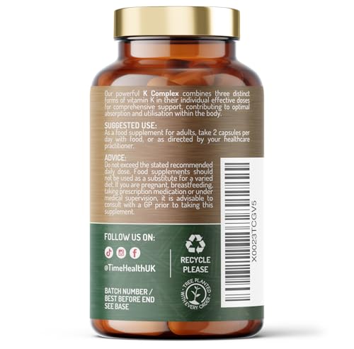 Time Health Vitamin K Complex | High Strength 6700ug Per Serving | 60 Capsules | Triple Mix K1 + K2 (MK-7 + MK-4) | Heart & Bone Support | Additive Free | UK Made to GMP Standards | Vegan (60 Count (Pack of 1))