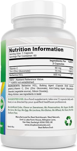 Best Naturals Berberine Plus with Berberine HCl, Vitamin C and Zinc, 1000 mg, 60 Capsules