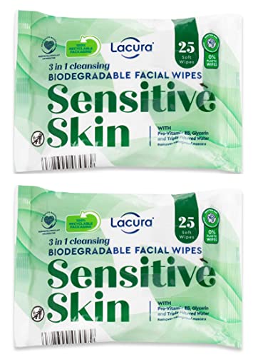 Lacura 3 In 1 Biodegradable Cleansing Facial Wipes For Sensitive Skin, Makeup Removal Wipes with Pro-Vitamin B5, 2 Packs (50 wipes in total)