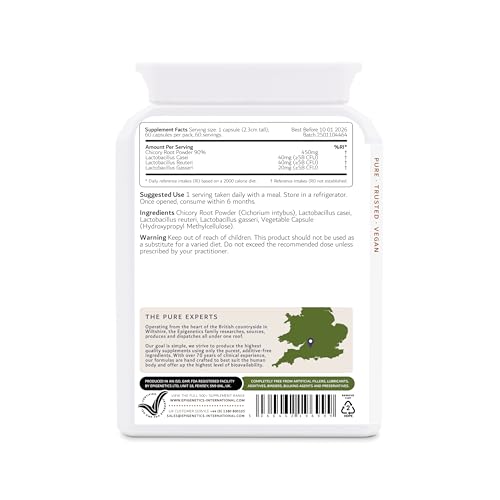 Epigenetics Epi-Flora IR | L. Casei, L. Gasseri & L. Reuteri + Chicory Root Prebiotic (Inulin) | 60 Vegan Vegetable Capsules UK Made | 2 Month Supply