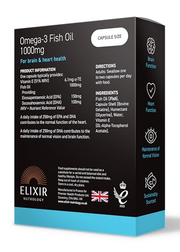 ELIXIR NUTROLOGY Omega-3 Fish Oil 1000mg 30 Softgel Capsules – Supports Heart & Brain Health, Rich in EPA & DHA, with Vitamin E for Cellular Health Protection.