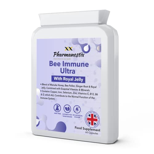 Pharmanostix Ultra Bee Immune 60 Capsules Packed with Bee Pollen, Royal Jelly, Manuka Honey, Essential Vitamins and Minerals, Vitamin C, D & E, Zinc - Ginger Root & Elderberry - UK Manufactured