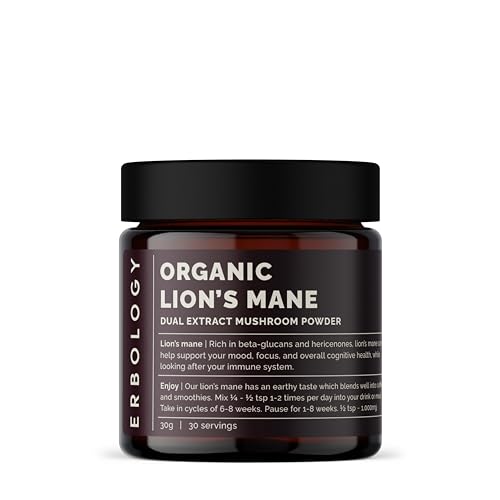 Erbology Organic Lion’s Mane Dual Extract Powder 30 Servings - 30% Beta-glucans and Erinacine A 1.6mg/g - Calm and Focus - Hericium Erinaceus - Sustainably Grown in Europe - Vegan - No Added Fillers