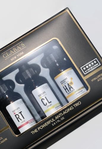 Clara's New York The Powerful Anti-Aging Trio Facial Serum Gift Set, Three Full Size Anti-Aging Face Serums with Retinol Collagen and Hyaluronic Acid 3 x 30ml