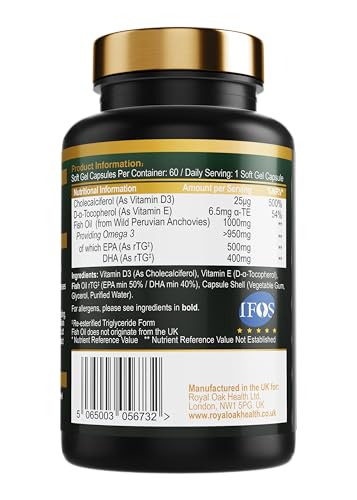 Royal Oak Health Super Ultra Fish Oil with Vitamin D3 & >95% rTG Omega 3 - Soft Gel Easy-to-Swallow Capsules - Gluten Free - Made in The UK
