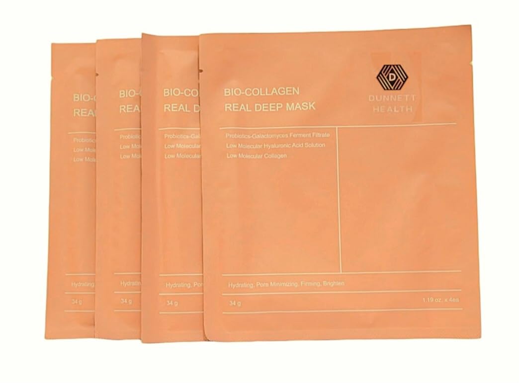 Bio Collagen Face Masks Pack of 4 Skin Care Treatment, Dunnett Health Natural Ingredients Revitalising Skin for a youthful look anti-aging anti-acne Properties Hydrating Face Mask for all Skin types