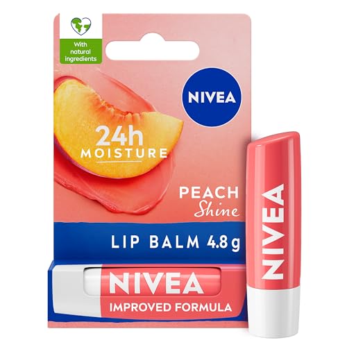 NIVEA Peach Shine Lip Balm (4.8g), Flavoured Lip Balm with Shea Butter, Natural Oils and Vitamins, Provides 24h Moisture and a Coral Shine, Vegan Lip Care Formula