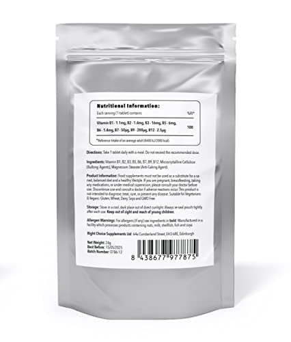 Right Choice Supplements Vitamin B Complex 180 Tablets (6 Month Supply) - Contains All Eight B Vitamins in 1 Tablet, Vitamins B1, B2, B3, B5, B6, B12, Biotin & Folic Acid