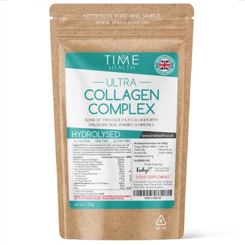 Time Health Ultra Collagen Complex - 126g Powder - Hydrolysed - Types I, II, III, V & X Collagen, Hyaluronic Acid, Vitamin C & Minerals - Made with VERISOL - Grass Fed - UK Made - GMP Standards
