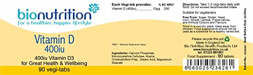 Bio Nutrition Vitamin D 10µg (400iu) : Vitamin Well-Being Supplement : 90 vegi-tabs