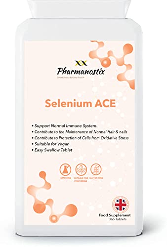 Pharmanostix Selenium ACE with Vitamins A, C & E – 365 Vegan Tablets – 12 Month Supply – for Maintenance of Normal Hair, Nails & Immune System – Made in UK