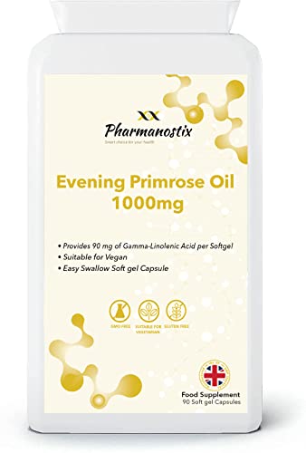 Evening Primrose Oil 1000mg 90 Vegan Softgel Capsules - Cold Pressed - High GLA Formulation with Vitamin E - No GMOs - UK Made by Pharmanostix