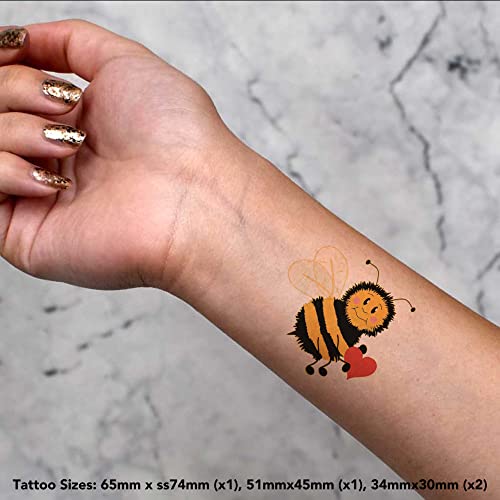 4 x 'Cartoon Bee' Temporary Tattoos - Water Resistant, Skin-Safe, Non-Toxic Transfers, Mixed Sizes (TO00058794)