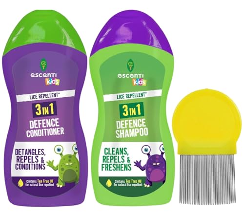 HAMEDIS Escenti Kids 3 in1 Head Lice Prevention Shampoo and Conditioner set bundled with Metal tooth Nit Comb