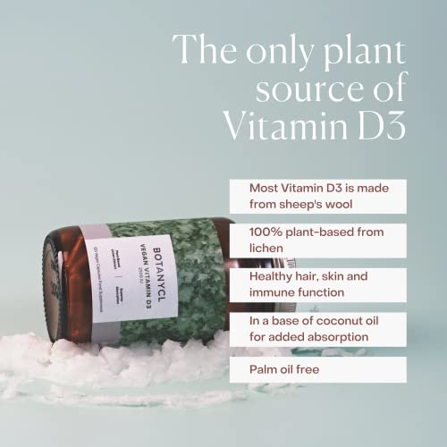 Botanycl Vegan Vitamin D3 | High Strength 2500 IU | Zero Artificial Bulking Agents | 120 Capsules - 4 Month Supply | 100% Plant-Based from Lichen | for Healthy Hair Growth, Mood & Immune Support