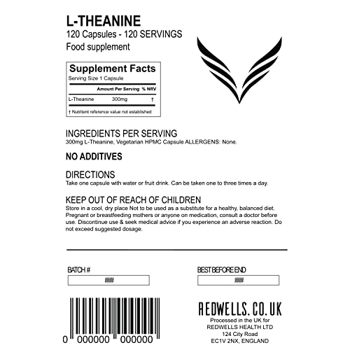 L-Theanine Capsules REDWELLS Anxiety Stress No Additives Strong 300mg - 120 Pack