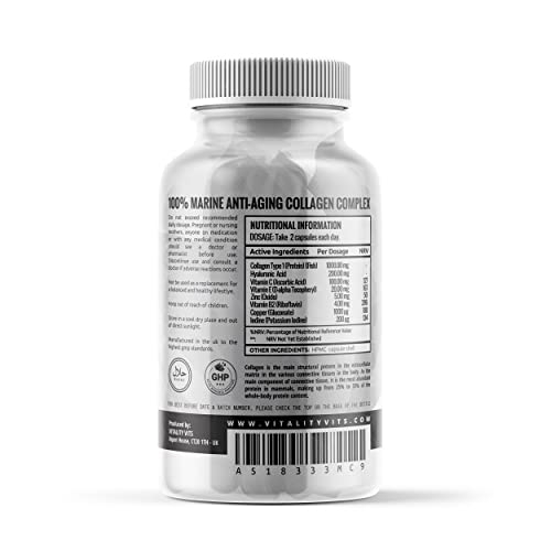 VITALITYVITS Marine Collagen Complex - High Strength Capsules for Hair, Skin, Nails & Joint Support - Vitamins B2 C & E