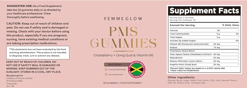 FEMME GLOW Femme Glow PMS Gummies with Chasteberry, Dong Quai and Vitamin B6, 30 Day Supply, 60 Gummies