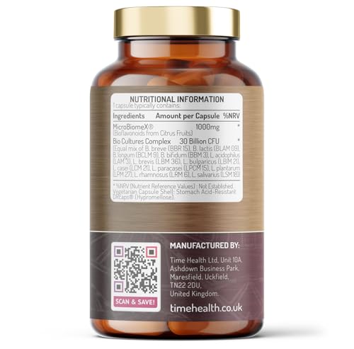 Time Health Gut Restore – 12 Strain Probiotic & Postbiotic Butyrate Generator – MicroBiomeX – Clinically Proven – Advanced Bio Cultures Formula – Vegan Probiotics – UK Made (120 Count (Pack of 1))