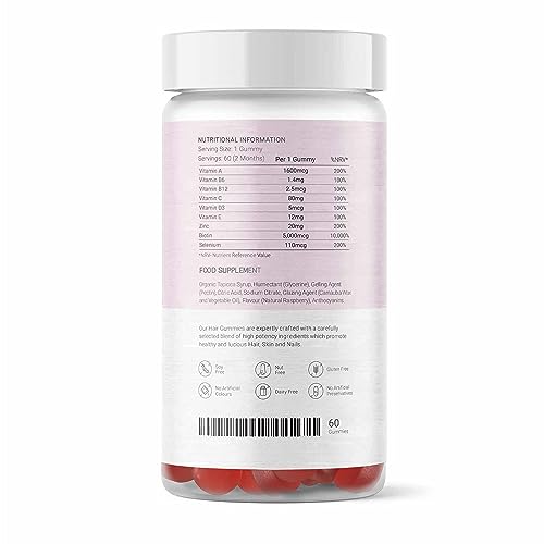 27 Elements Hair Gummies - Sugar Free | 2 Months Supply - 60 Vegan Gummies | High Strength | Vitamin A, B6, B12, C, D3, E + Selenium, Biotin, Zinc for Hair Skin and Nails | Lab Tested | Natural Raspberry Flavour