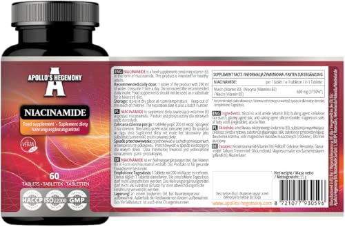 Niacinamide 500 mg per Tablet - 60 Vegan Tablets - 2 Month Supply - Supports Energy and Nerve Function - Vitamin B3 Diet Supplement - by Apollo's Hegemony