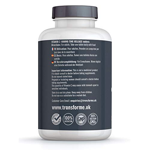 Transforme Vitamin C Time Release 1000mg | 180 Vegetarian & Vegan Tablets | with Rose HIPS and Bioflavonoids | High Strength | 6 Month Supply