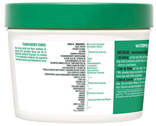 Garnier Hair Mask, Watermelon Hairfood, Moisturising 3-in-1 Mask, Gently Detangles Fine Hair and Gives Unrivalled Shine, Fructis, 390 ml