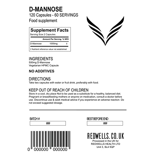 REDWELLS D Mannose Capsules - UTI Support - 1000mg Per Serving NO ADDITIVES! (120)