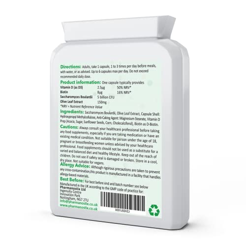 Pharmanostix Saccharomyces Boulardii Supplement 90 Capsules, High Strength, 5 Billion cfu Organisms, No Refrigeration Required, Non-Colonising Yeast with Added Olive Leaf, Biotin and Vitamin D, UK Manufactured