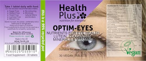 Health Plus Optim-Eyes : Vision and Eye Health Supplement : 30 Tablets, in a planet-friendly 99% recycled pot