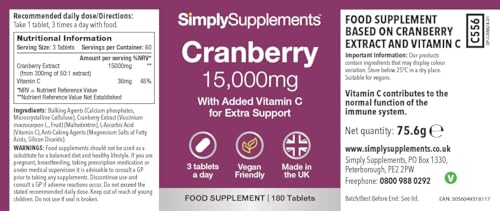 Simply Supplements Cranberry 15,000mg Tablets | High Strength Cranberry Extract | Vegan & Vegetarian Friendly | Now with Vitamin C for Immune Support | 360 Tablets = Up to 12 Months's Supply | Manufactured in The UK