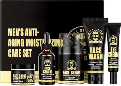 IZBEAUVO 5PCS Men's Anti-Aging Care Set - Mens Skin Care Sets & Kits - Mens Face Cream, Face Wash & Scrub, Eye Cream, Anti Wrinkle Serum- Gifts for Men